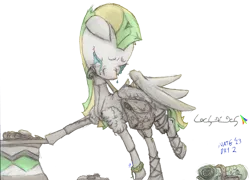 Size: 4095x2956 | Tagged: safe, artist:c_||_r, oc, unofficial characters only, pegasus, pony, bag, bedroll, bracelet, clothes, crying, eyes closed, faded colors, image, jewelry, leaning, lifted leg, looking down, mohawk, png, saddle bag, signature, simple background, solo, text, two toned mane