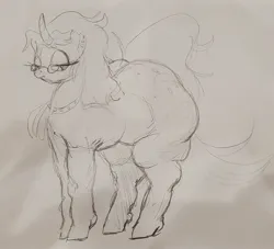 Size: 2225x2023 | Tagged: suggestive, artist:parumpi, derpibooru import, oc, unofficial characters only, pony, unicorn, butt, ear piercing, female, glasses, huge butt, image, jewelry, jpeg, large butt, looking to the left, mare, messy mane, necklace, pencil drawing, photo, piercing, plot, sad, sideways glance, sketch, solo, solo female, thighs, thunder thighs, torn ear, traditional art, wide hips