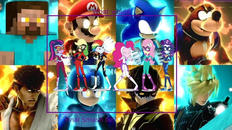 Size: 1280x720 | Tagged: safe, derpibooru import, applejack, fluttershy, pinkie pie, rainbow dash, rarity, twilight sparkle, human, equestria girls, banjo kazooie, banjo the bear, final smash, image, jpeg, mane six, mario, megaman, meme, minecraft, power ponies, ryu, sonic the hedgehog, sonic the hedgehog (series), steve, super smash bros., super smash bros. ultimate