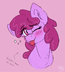 Size: 2716x3008 | Tagged: safe, artist:reddthebat, derpibooru import, berry punch, berryshine, earth pony, pony, ;p, blushing, bust, drunk bubbles, eye clipping through hair, eyebrows, eyebrows visible through hair, female, image, jpeg, looking at you, mare, one eye closed, pink background, signature, simple background, smiling, smiling at you, solo, tongue out, wink, winking at you