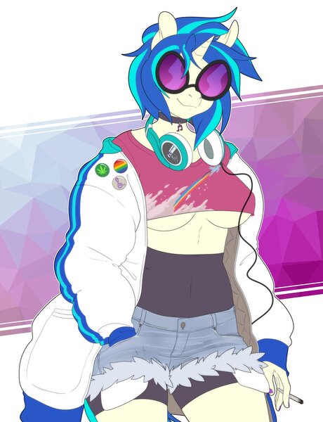 Size: 3140x4096 | Tagged: suggestive, artist:amaraburrger, derpibooru import, rainbow dash, vinyl scratch, anthro, unicorn, braless, breasts, busty vinyl scratch, clothes, drugs, female, headphones, image, jacket, jpeg, marijuana, midriff, nail polish, short shirt, shorts, solo, solo female, underboob