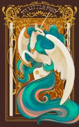 Size: 1195x1901 | Tagged: safe, artist:coypuppy, derpibooru import, princess celestia, alicorn, pony, crown, eyes closed, female, g4, hoof shoes, image, jewelry, mare, modern art, nouveau, png, princess shoes, regalia, signature, solo, solo female, spread wings, wings