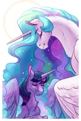 Size: 1500x2250 | Tagged: safe, artist:dragonademetal, derpibooru import, princess celestia, twilight sparkle, twilight sparkle (alicorn), alicorn, pony, duo, ethereal mane, eyebrows, eyebrows visible through hair, eyes closed, female, halo, height difference, image, jpeg, majestic, mare, remake, simple background, smiling, white background