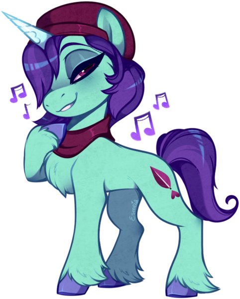 Size: 590x734 | Tagged: safe, artist:esmeia, derpibooru import, onyx, pony, unicorn, g5, beatnik, beret, chest fluff, clothes, female, hair over one eye, hat, image, mare, music notes, png, scarf, simple background, solo, transparent background, unshorn fetlocks