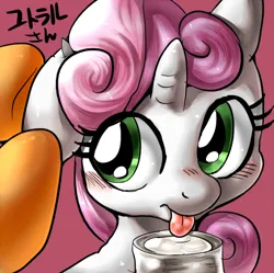 Size: 600x597 | Tagged: safe, artist:nekubi, derpibooru import, scootaloo, sweetie belle, cow, pony, unicorn, blushing, bust, cowbelle, female, horn, image, jpeg, lapping, milk, offscreen character, portrait, simple background, species swap, tongue out, transformation