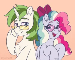 Size: 2560x2043 | Tagged: safe, artist:skysorbett, derpibooru import, oc, oc:ein, oc:sky sorbet, unofficial characters only, pegasus, pony, unicorn, bow, chest fluff, female, glasses, green mane, hair bow, heart shaped glasses, horn, image, male, mare, multicolored hair, pegasus oc, png, stallion, sunglasses, unicorn oc, wings