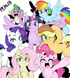 Size: 1156x1286 | Tagged: safe, artist:nekubi, derpibooru import, applejack, fluttershy, pinkie pie, rainbow dash, rarity, spike, twilight sparkle, twilight sparkle (alicorn), alicorn, dragon, earth pony, pegasus, pony, unicorn, cowboy hat, cute, female, flying, happy birthday mlp:fim, hat, image, looking at you, male, mane seven, mane six, mare, mlp fim's ninth anniversary, one eye closed, open mouth, png, simple background, spread wings, white background, wings