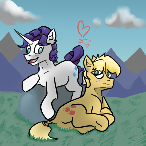 Size: 3000x3000 | Tagged: safe, artist:fumalunga, derpibooru import, applejack, rarity, applejack (male), blushing, elusive, image, outdoors, png, rule 63