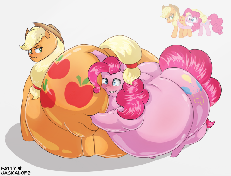 Size: 3508x2669 | Tagged: suggestive, artist:fattyjackalope, derpibooru import, applejack, pinkie pie, earth pony, pony, shadow play, applebutt, applefat, applejack is not amused, belly, belly on floor, big belly, blushing, butt, butt touch, butthug, duo, duo female, fat, female, frown, grin, high res, hug, huge belly, huge butt, image, impossibly large belly, impossibly large butt, large butt, looking back, mare, obese, pinkie hugging applejack's butt, png, pudgy pie, scene interpretation, screencap reference, simple background, smiling, the ass was fat, unamused, white background