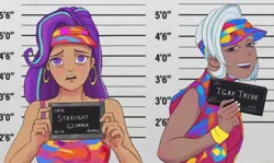 Size: 1024x609 | Tagged: safe, artist:raikoh, derpibooru import, starlight glimmer, trixie, human, barbie mugshot meme, humanized, image, jpeg, los angeles, meme, mugshot, voice actor joke