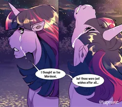 Size: 2048x1795 | Tagged: safe, artist:laproxie, derpibooru import, twilight sparkle, pony, unicorn, comic:morditwi tears of sadness, crossover, crossover shipping, crying, dialogue, female, image, jpeg, looking back, looking up, male, mordecai, mordetwi, regular show, shipping, straight