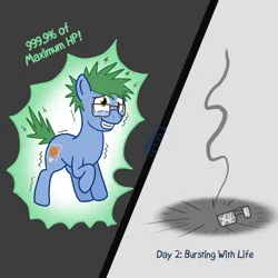 Size: 1200x1200 | Tagged: safe, artist:phallen1, derpibooru import, oc, oc:software patch, unofficial characters only, earth pony, 2 panel comic, atg 2023, comic, death, disintegration, dungeons and dragons, healing, image, jpeg, newbie artist training grounds, overhealed, pen and paper rpg, rpg, simple background, smoke, solo, this ended in death