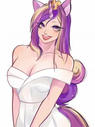 Size: 1536x2048 | Tagged: safe, artist:suracao, derpibooru import, princess cadance, human, breasts, busty princess cadance, clothes, dress, eared humanization, female, horn, horned humanization, humanized, image, jpeg, looking at you, off shoulder, open mouth, open smile, simple background, smiling, smiling at you, solo, white background