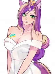 Size: 1536x2048 | Tagged: safe, alternate version, artist:suracao, derpibooru import, princess cadance, queen chrysalis, human, boobie mark, breasts, busty princess cadance, clothes, disguise, disguised changeling, dress, eared humanization, fake cadance, female, grin, horn, horned humanization, humanized, image, jpeg, looking at you, off shoulder, simple background, smiling, smiling at you, solo, white background