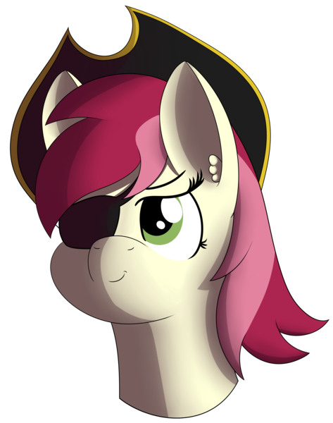 Size: 2999x3805 | Tagged: safe, artist:polynya, roseluck, earth pony, pony, bust, eyepatch, female, hat, image, mare, pirate, pirate hat, png, simple background, smiling, solo, transparent background