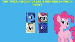 Size: 1920x1080 | Tagged: safe, derpibooru import, edit, edited screencap, editor:jaredking779, screencap, crescent pony, mane moon, moondancer, night light, pinkie pie, princess luna, alicorn, earth pony, pony, unicorn, blue background, female, glasses, image, jpeg, male, mare, question, simple background, stallion