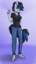 Size: 1999x3499 | Tagged: safe, artist:tarhoon sunflare, derpibooru import, oc, oc:azerra, unofficial characters only, anthro, bat pony, plantigrade anthro, bat pony oc, bat wings, breasts, clothes, denim, fangs, female, image, jeans, looking at you, pants, peace sign, png, shirt, simple background, t-shirt, wings