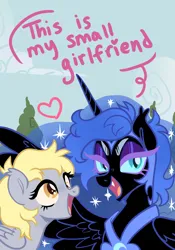 Size: 1152x1644 | Tagged: safe, artist:lullabyprince, derpibooru import, derpy hooves, nightmare moon, princess luna, alicorn, pegasus, pony, background, black mane, blonde hair, blue hair, duo, fangs, female, heart, image, lesbian, looking at you, lunaderp, nightmare, open mouth, png, shipping, smiling, sparkly mane, wing open, yellow eyes