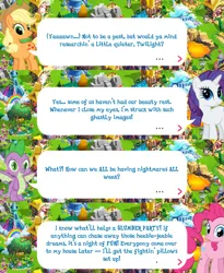 Size: 2045x2488 | Tagged: safe, derpibooru import, official, applejack, pinkie pie, rarity, spike, dragon, earth pony, pony, unicorn, applejack's hat, claws, cowboy hat, dialogue, dialogue box, english, event, female, gameloft, hat, horn, image, implied twilight sparkle, male, mare, mobile game, my little pony: magic princess, png, speech bubble, text, winged spike, wings