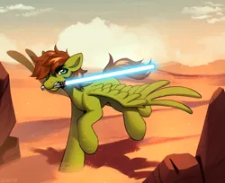 Size: 3411x2784 | Tagged: safe, artist:sugarstar, derpibooru import, oc, oc:kozzy, pegasus, pony, desert, image, lightsaber, mouth hold, png, running, sand, solo, spread wings, star wars, weapon, wings