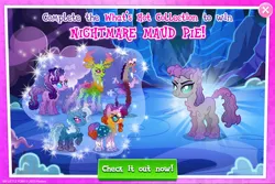 Size: 1958x1305 | Tagged: safe, derpibooru import, official, discord, maud pie, starlight glimmer, sunburst, thorax, trixie, changedling, changeling, draconequus, earth pony, pony, unicorn, advertisement, collection, english, female, gameloft, glasses, group, horn, horns, image, jpeg, male, mare, mobile game, my little pony: magic princess, nightmare creature, nightmare forces, stallion, text