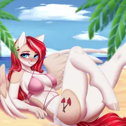 Size: 3000x3000 | Tagged: suggestive, alternate version, artist:evlass, derpibooru import, oc, oc:cherry heart, unofficial characters only, anthro, pegasus, unguligrade anthro, anthro oc, beach, bikini, blushing, breasts, busty oc, clothes, commission, eyebrows, eyebrows visible through hair, female, high res, image, looking at you, lying down, on back, pegasus oc, png, smiling, smiling at you, solo, solo female, spread wings, swimsuit, wings, ych result