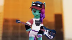 Size: 1920x1080 | Tagged: safe, artist:makaryo, derpibooru import, earth pony, pony, g5, 3d, anime reference, anime style, baseball cap, bass guitar, bipedal, cap, clothes, cosplay, costume, electric guitar, female, flcl, guitar, haruhara haruko, haruko haruhara, hat, image, jazz hooves, jazz hooves has ears!, jazz hooves's ears, jpeg, mare, musical instrument, solo