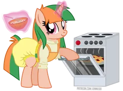 Size: 1000x740 | Tagged: safe, artist:jennieoo, derpibooru import, oc, oc:sweet treat, pony, unicorn, apron, clothes, cooking, diaper, diaper fetish, fetish, food, image, looking at you, pie, png, show accurate, simple background, smiling, smiling at you, solo, stove, transparent background, vector