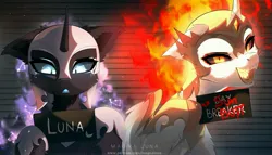 Size: 4096x2348 | Tagged: safe, artist:magnaluna, derpibooru import, daybreaker, nightmare moon, alicorn, pony, barbie mugshot meme, duo, female, high res, image, jpeg, looking at you, mare, meme, mugshot, open mouth, open smile, signature, smiling, smiling at you