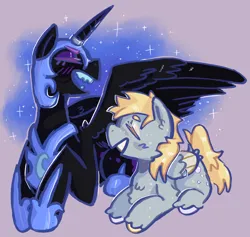 Size: 1330x1260 | Tagged: safe, artist:tottallytoby, derpibooru import, derpy hooves, nightmare moon, princess luna, alicorn, pegasus, pony, crack shipping, cutie mark, duo, female, horn, image, jpeg, lesbian, lunaderp, shipping, wings