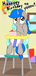 Size: 769x1617 | Tagged: safe, artist:nitei, derpibooru import, oc, oc:sprite, unofficial characters only, alicorn, alicorn oc, cake, candle, chair, diaper, diaper fetish, eyeroll, fetish, food, happy birthday, highchair, horn, image, png, solo, wings