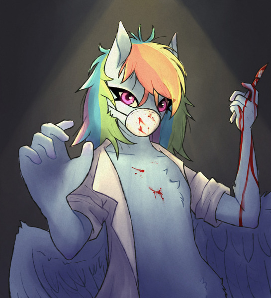 Size: 2000x2200 | Tagged: semi-grimdark, artist:sharp-teeth-art, derpibooru import, rainbow dash, anthro, pegasus, fanfic:rainbow factory, blood, clothes, fanfic art, image, jpeg, knife, lab coat, mask, scalpel, solo