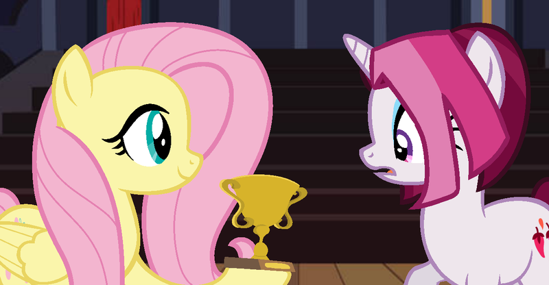 Size: 1264x657 | Tagged: safe, artist:stack-of-cookies, derpibooru import, cayenne, fluttershy, pony, base used, image, png, trophy