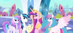 Size: 1024x464 | Tagged: safe, artist:velveagicsentryyt, derpibooru import, princess cadance, princess flurry heart, shining armor, oc, oc:chryssa, pony, image, jpeg, offspring, older, parent:princess cadance, parent:shining armor, parents:shiningcadance