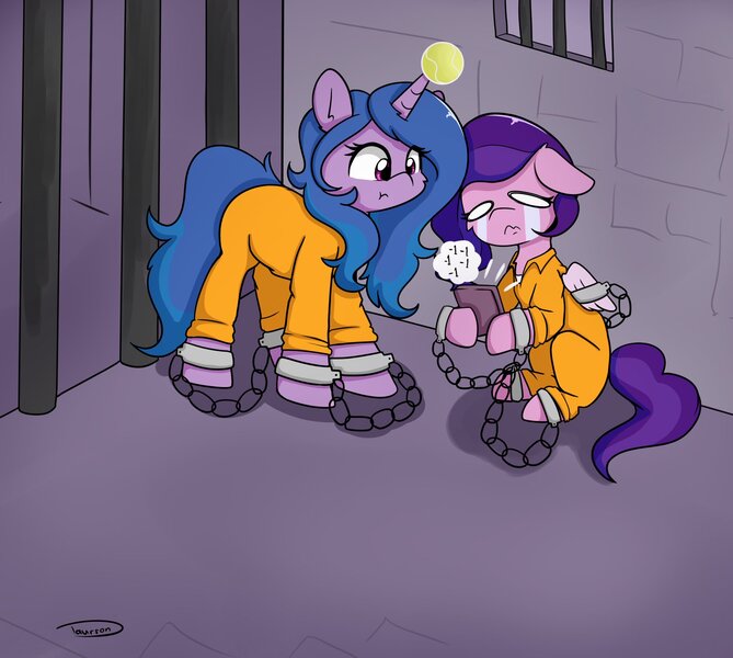 Size: 2047x1836 | Tagged: safe, artist:taurson, derpibooru import, izzy moonbow, pipp petals, g5, ball, clothes, commissioner:rainbowdash69, image, izzy's tennis ball, jail, jpeg, mobile phone, never doubt rainbowdash69's involvement, phone, prison, prison outfit, smartphone, tennis ball