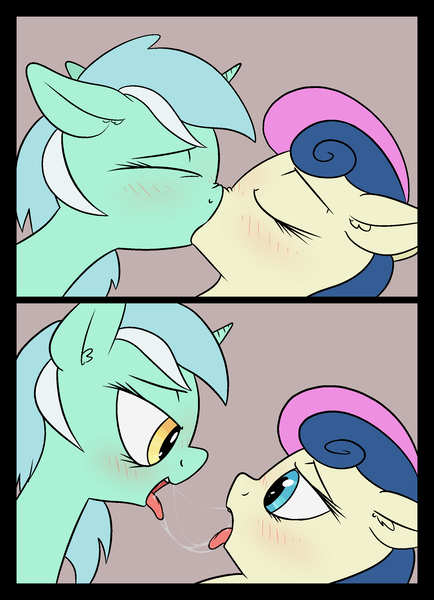 Size: 1940x2680 | Tagged: suggestive, artist:happy harvey, derpibooru import, bon bon, lyra heartstrings, sweetie drops, earth pony, pony, unicorn, 2 panel comic, blushing, comic, drawn on phone, drool, drool string, ear fluff, eyes closed, female, females only, floppy ears, image, just friends, kissing, lesbian, looking at each other, looking at someone, looking into each others eyes, lyrabon, mare, open mouth, png, shipping, simple background, tongue out