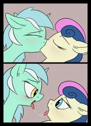 Size: 1940x2680 | Tagged: suggestive, artist:happy harvey, derpibooru import, bon bon, lyra heartstrings, sweetie drops, oc, oc:anon, earth pony, pony, unicorn, 2 panel comic, bisexual, blushing, comic, drawn on phone, drool, drool string, ear fluff, eyes closed, female, females only, floppy ears, giant pony, giantess, image, imminent vore, just friends, kissing, lesbian, looking at each other, looking at someone, looking into each others eyes, lyrabon, macro, mare, micro, mouth hold, open mouth, png, shipping, simple background, tiny, tongue out