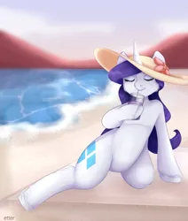 Size: 3473x4093 | Tagged: safe, artist:etter, derpibooru import, rarity, pony, unicorn, beach, drinking, eyes closed, female, hat, image, mare, ocean, png, sitting, solo, solo female, summer, water