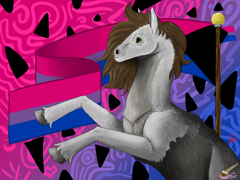 Size: 2000x1500 | Tagged: safe, artist:messengertm, derpibooru import, oc, oc:cj vampire, unofficial characters only, earth pony, pony, ambiguous gender, artfight, artfight gift exchange, bisexual pride flag, demibisexual, demisexual pride flag, fanart, gift art, gift exchange, green eyes, half body, halfbody, heterochromia, image, lgbt, png, present, pride, pride flag, pride month, solo