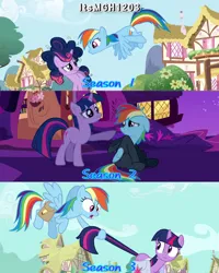 Size: 2458x3072 | Tagged: safe, derpibooru import, edit, edited screencap, editor:itsmgh1203, screencap, rainbow dash, twilight sparkle, pegasus, pony, unicorn, friendship is magic, games ponies play, read it and weep, season 1, season 2, season 3, :o, bag, duo, duo female, eyebrows, female, floppy ears, flying, frown, golden oaks library, image, jpeg, library, mare, messy mane, night, open mouth, raised eyebrow, saddle bag, smiling, spread wings, tail, tail pull, text, unicorn twilight, wings