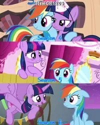 Size: 2458x3072 | Tagged: safe, derpibooru import, edit, edited screencap, editor:itsmgh1203, screencap, rainbow dash, twilight sparkle, twilight sparkle (alicorn), alicorn, pegasus, pony, daring don't, do princesses dream of magic sheep, newbie dash, season 4, season 5, season 6, carousel boutique, cloudsdale, duo, duo female, female, floppy ears, flying, frown, golden oaks library, hat, image, jpeg, library, mare, night, open mouth, open smile, party hat, smiling, spread wings, text, twilight sparkle is not amused, unamused, wings