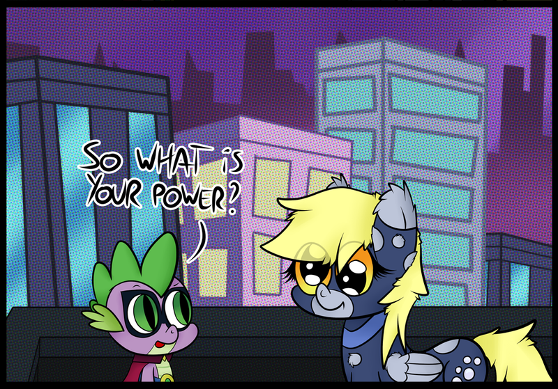 Size: 1000x699 | Tagged: safe, artist:chibi95, derpibooru import, derpy hooves, humdrum, spike, dragon, pegasus, pony, power ponies (episode), cropped, duo, duo male and female, female, image, male, mare, mask, png, power ponies, superhero, superhero costume, superherom