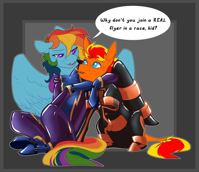 Size: 2048x1773 | Tagged: safe, artist:parrpitched, derpibooru import, rainbow dash, oc, oc:fireheart(fire), bat pony, pegasus, pony, canon x oc, fireheart76's latex suit design, image, jpeg, latex, latex boots, latex suit, prisoners of the moon, rubber, rubber boots, rubber suit