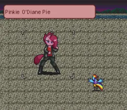Size: 1280x1110 | Tagged: safe, derpibooru import, pinkie pie, rainbow dash, earth pony, pegasus, pony, bipedal, boots, boss battle, clothes, crossover, famicom, female, image, jacket, jrpg, live a live, mare, pants, pinkamena diane pie, pixel art, png, shirt, shoes, wings