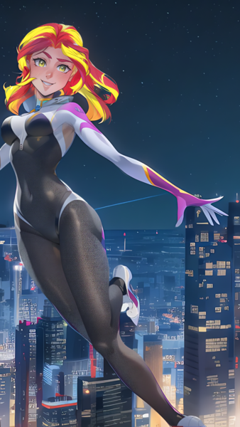 Size: 864x1536 | Tagged: safe, derpibooru import, editor:sammykun, machine learning assisted, machine learning generated, novelai, stable diffusion, sunset shimmer, human, ai content, bodysuit, breasts, city, cityscape, clothes, cosplay, costume, female, floating, gradient background, hood, hoodie, humanized, image, jumping, looking at you, marvel, marvel cinematic universe, night, outstretched arms, png, prompter:sammykun, reasonably sized breasts, short hair, solo, spider web, spider-gwen, superhero