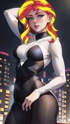 Size: 864x1536 | Tagged: safe, derpibooru import, editor:sammykun, machine learning assisted, machine learning generated, novelai, stable diffusion, sunset shimmer, human, ai content, bodysuit, breasts, city, cityscape, clothes, cosplay, costume, female, gradient background, hood, hoodie, humanized, image, looking at you, marvel, marvel cinematic universe, night, png, prompter:sammykun, reasonably sized breasts, short hair, sky, solo, spider web, spider-gwen, standing, superhero