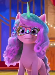 Size: 800x1080 | Tagged: safe, derpibooru import, screencap, izzy moonbow, pony, unicorn, g5, my little pony: make your mark, spoiler:g5, spoiler:my little pony: make your mark, spoiler:my little pony: make your mark chapter 4, spoiler:mymc04e05, cute, female, glitter, image, izzybetes, makeup, mare, mask, my little pony: make your mark chapter 4, png, smiling, the manesquerade ball