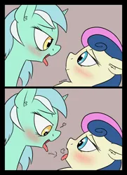 Size: 1940x2680 | Tagged: suggestive, artist:happy harvey, derpibooru import, bon bon, lyra heartstrings, sweetie drops, earth pony, pony, unicorn, 2 panel comic, blushing, comic, drawn on phone, drool, drool string, ear fluff, eyes closed, female, females only, floppy ears, heart, heart eyes, image, just friends, kissing, lesbian, looking at each other, looking at someone, looking into each others eyes, lyrabon, macro, mare, micro, open mouth, png, shipping, simple background, swallowing, throat bulge, tongue out, vore, wingding eyes