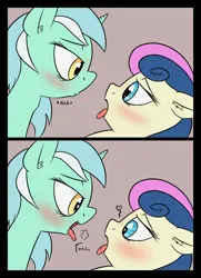 Size: 1940x2680 | Tagged: suggestive, alternate version, artist:happy harvey, derpibooru import, bon bon, lyra heartstrings, sweetie drops, earth pony, pony, unicorn, 2 panel comic, blushing, comic, drawn on phone, drool, drool string, ear fluff, eyes closed, female, females only, floppy ears, heart, heart eyes, image, just friends, kissing, lesbian, looking at each other, looking at someone, looking into each others eyes, lyrabon, lyrapred, macro, mare, micro, open mouth, png, shipping, simple background, swallowing, throat bulge, tongue out, vore, wingding eyes