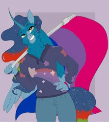 Size: 3645x4096 | Tagged: safe, artist:inisealga, derpibooru import, oc, oc:blue sky, alicorn, anthro, pony, alicorn oc, bisexual, bisexual pride flag, commission, female, horn, image, jpeg, mare, pride, pride flag, pride month, wings, ych result